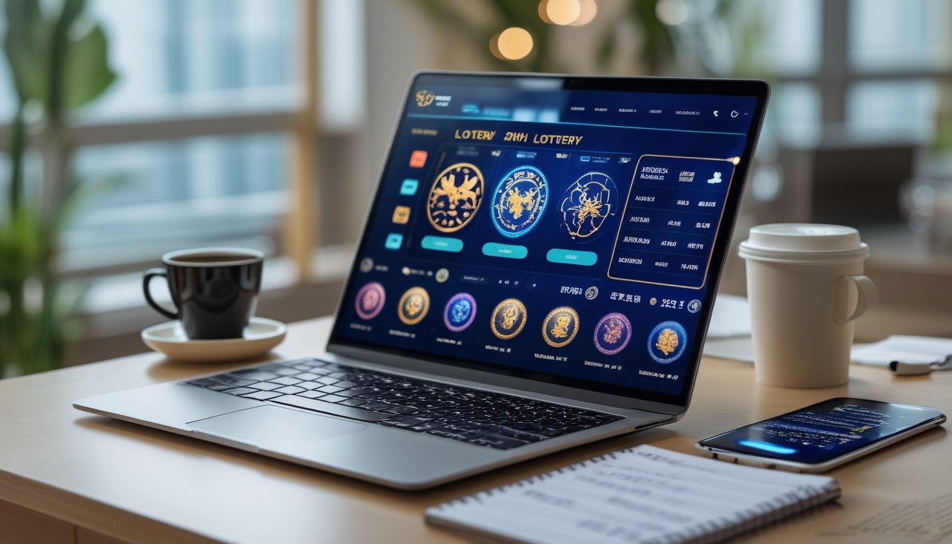 Sebuah ruang kerja modern dengan laptop yang menampilkan simbol shio dan perangkat lain seperti ponsel dan cangkir kopi di atas meja.