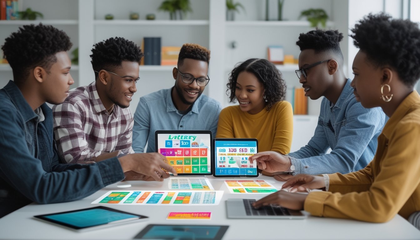 Sekelompok orang muda sedang berdiskusi dan melihat perangkat digital dengan data angka togel di sebuah ruang kantor yang terang dan modern.