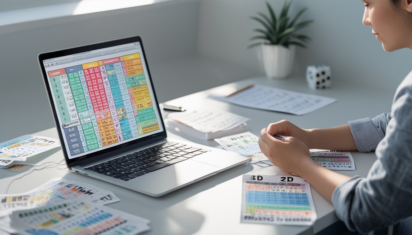 Seorang pria duduk di meja dengan tiket lotere, laptop, dan catatan, sedang mempelajari permainan togel 4D, 3D, dan 2D.