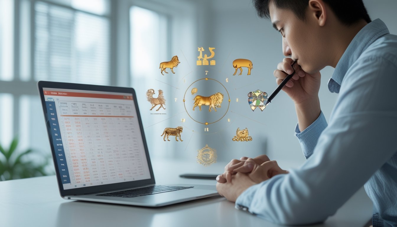 Seorang pria duduk di depan laptop dengan grafik dan simbol zodiak Cina di latar belakang, sedang menganalisis data angka.