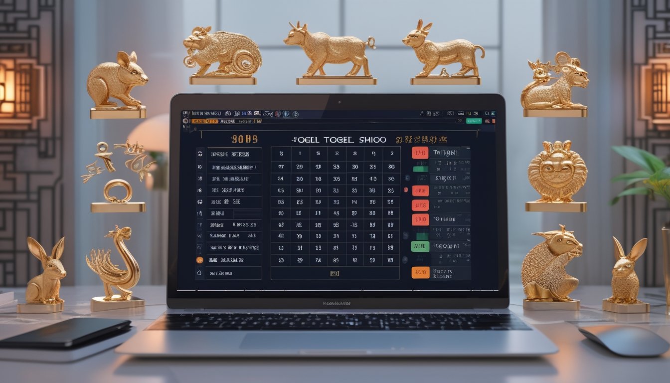 Meja kerja dengan laptop yang menampilkan grafik angka dan figur hewan shio dari zodiak Cina di sekitarnya.