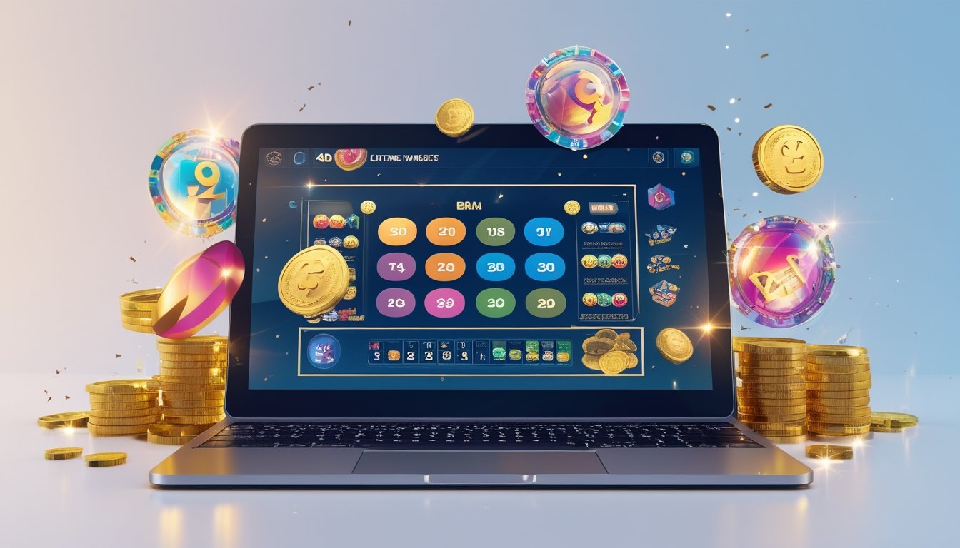Sebuah laptop modern menampilkan antarmuka lotere online dengan angka dan grafik berwarna, dikelilingi koin emas dan konfeti yang berkilauan.