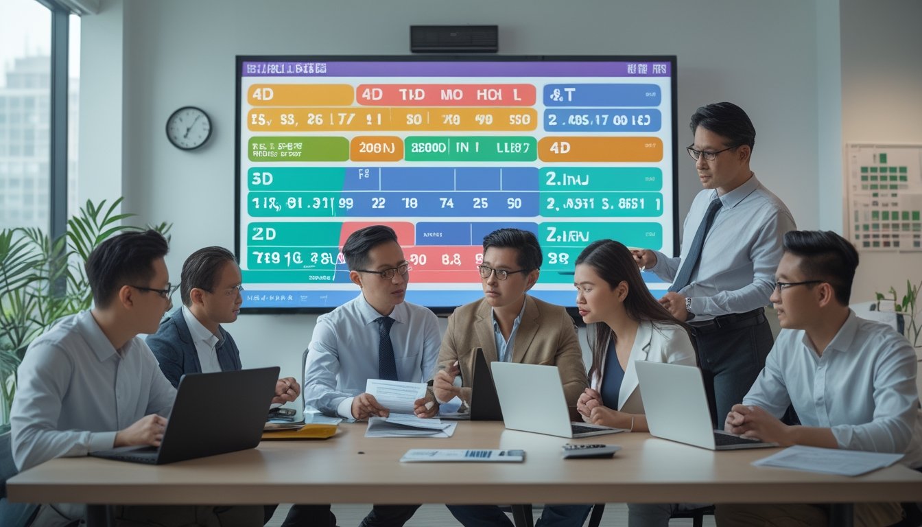 Sekelompok orang sedang bekerja sama menganalisis strategi permainan togel dengan layar digital yang menampilkan grafik dan angka di ruang kantor.