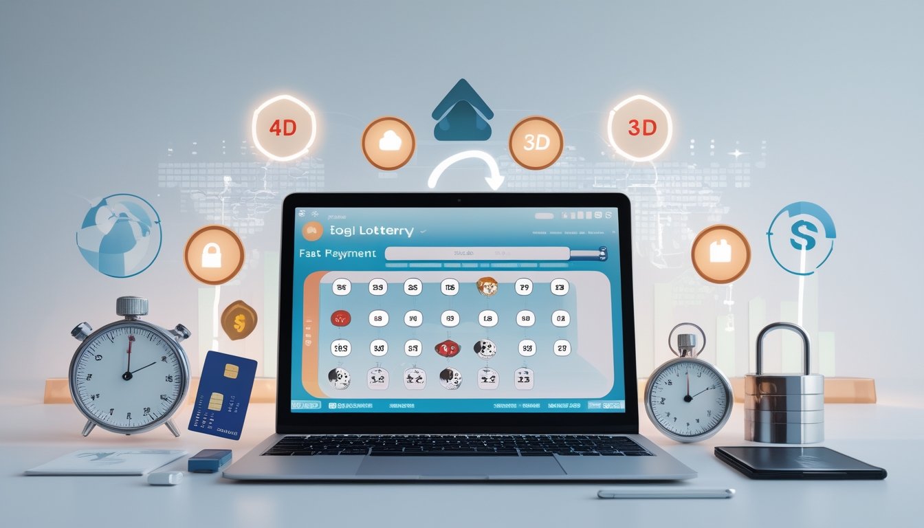 Sebuah ruang kerja modern dengan laptop yang menampilkan antarmuka lotere digital dan ikon hewan shio, dengan simbol pembayaran cepat dan keamanan di sekitarnya.