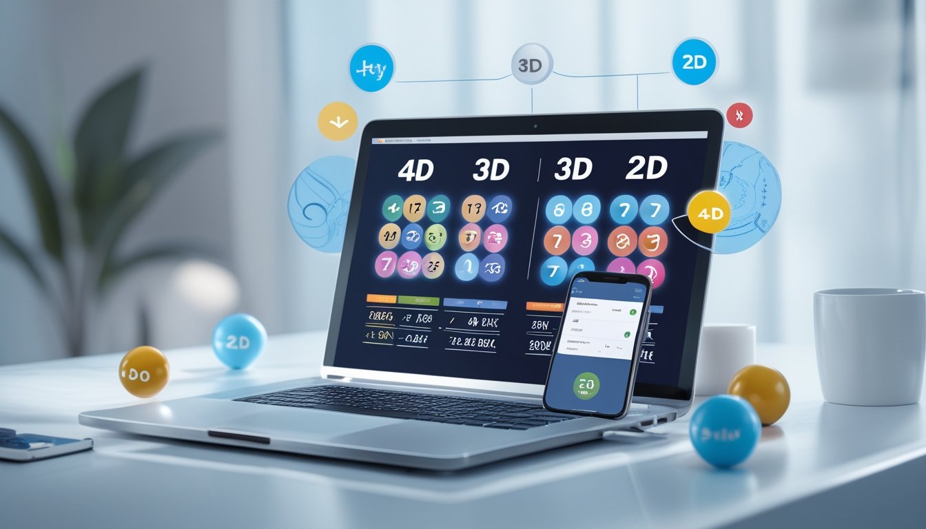 Meja kerja modern dengan laptop dan ponsel menampilkan tampilan permainan togel dan konfirmasi pembayaran cepat, dengan bola nomor dan ikon shio di sekitarnya.