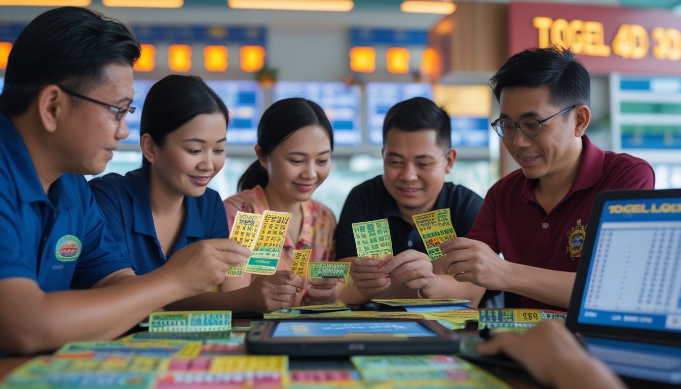 Sekelompok orang Indonesia sedang melihat tiket dan layar digital dengan angka togel dalam ruangan yang terang dan modern.