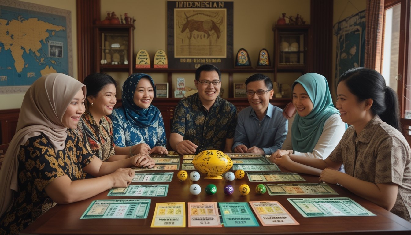 Sekelompok orang Indonesia berkumpul di sekitar meja dengan tiket lotere dan simbol permainan togel, terlihat antusias dan berdiskusi.