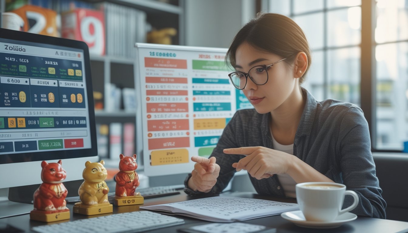 Seseorang sedang menganalisis strategi togel dengan laptop, catatan, dan simbol shio di meja kerja.