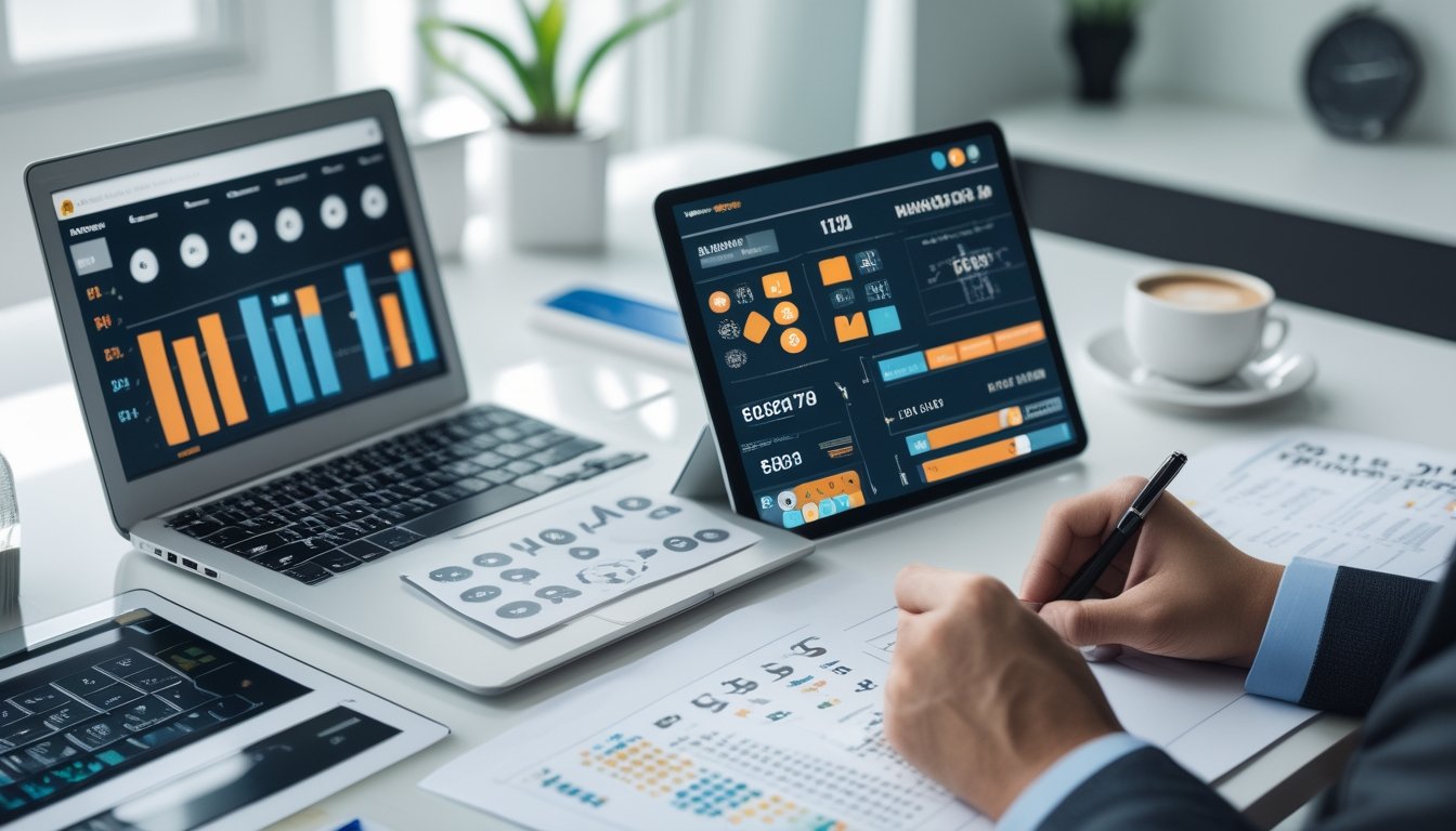 Meja kerja dengan laptop, tablet, dan dokumen yang menampilkan analisis angka dan simbol shio, seseorang sedang mencatat strategi bermain togel.