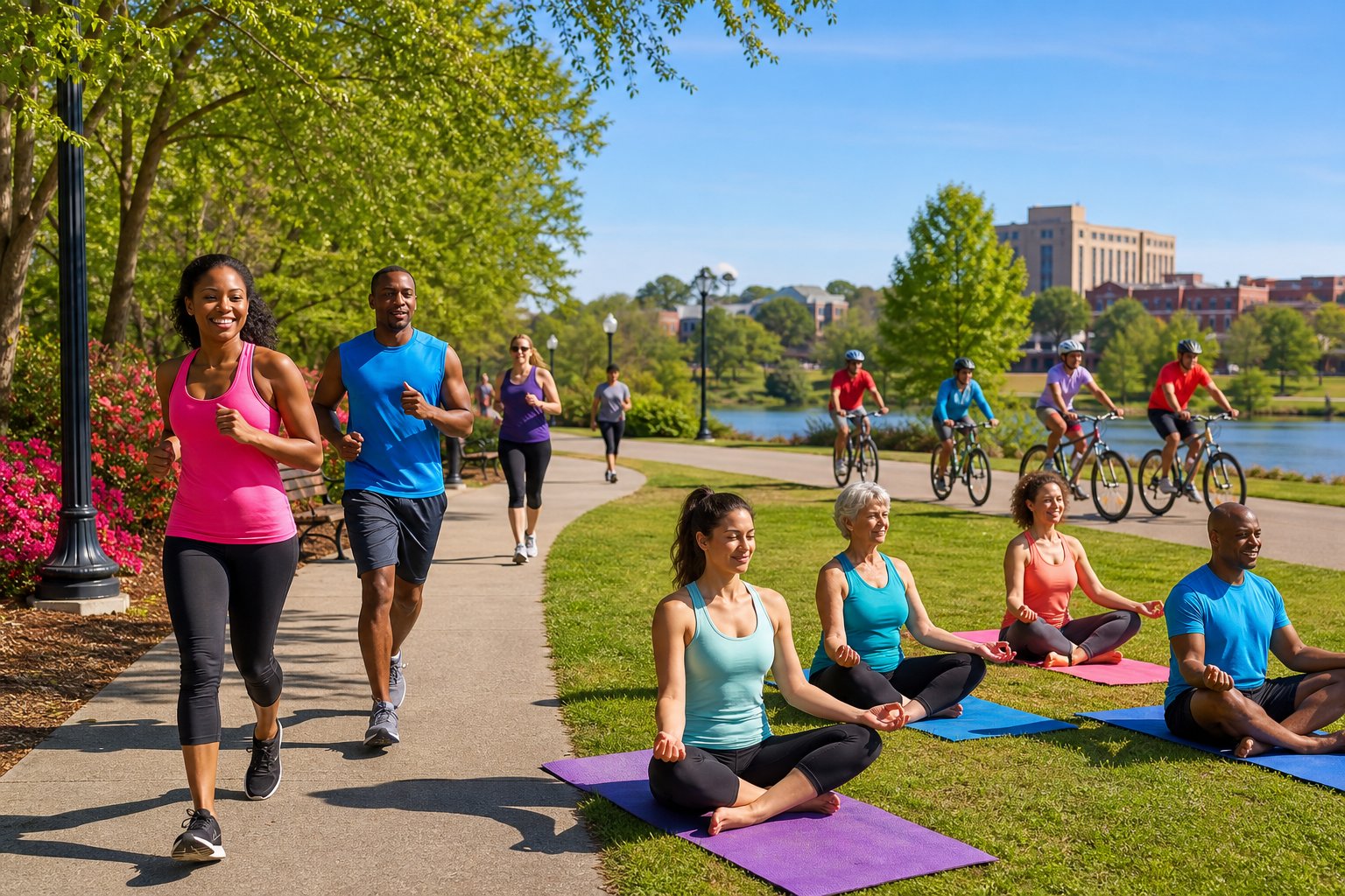 People jogging, cycling, and doing yoga outdoors in a green park with trees and blue sky.
