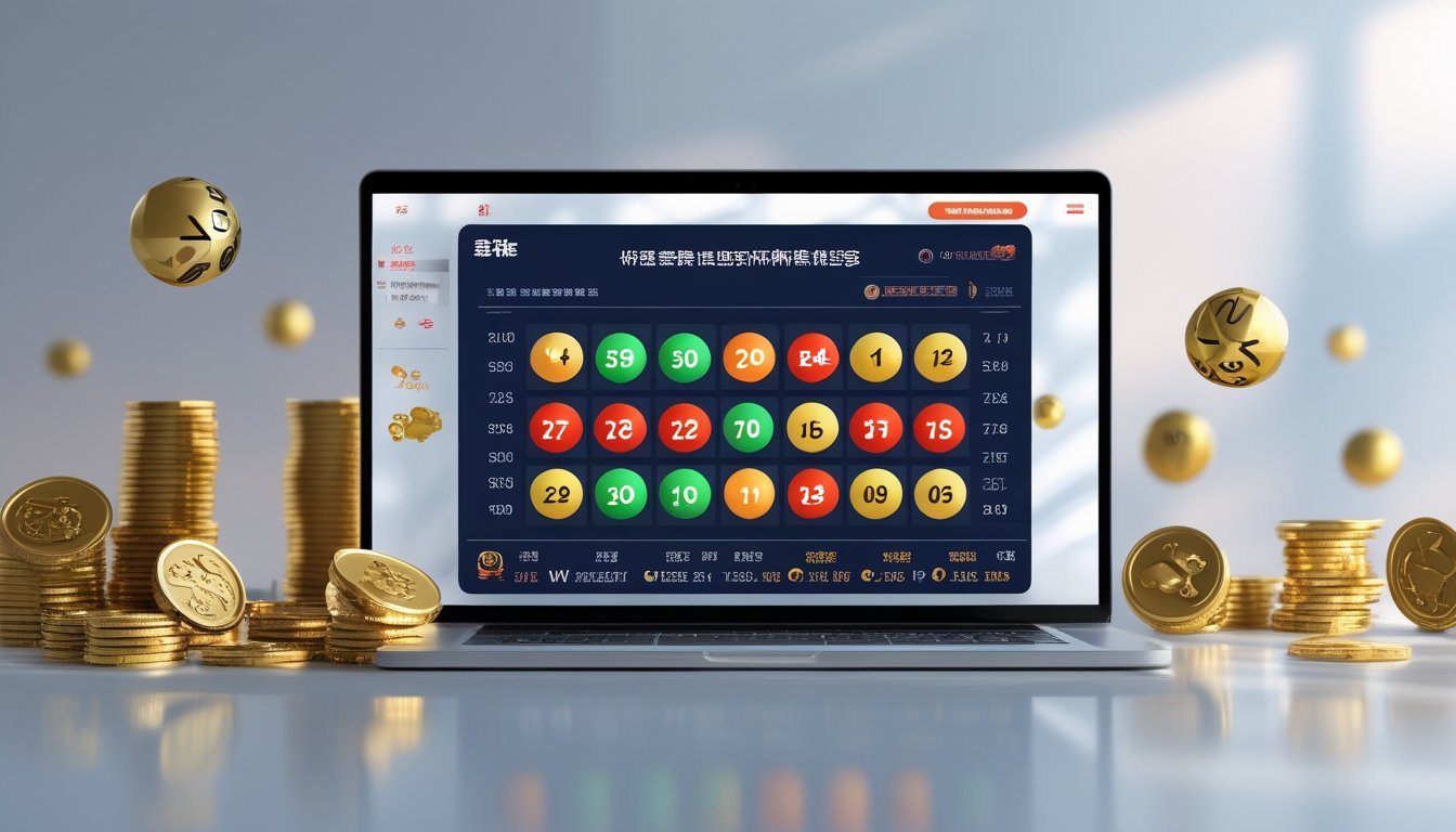 Sebuah layar perangkat digital menampilkan angka lotere dan ikon hewan shio dengan latar belakang bersih dan elemen koin serta bola lotere di sekitarnya.