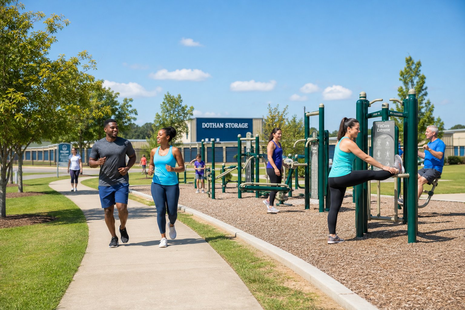 People exercising outdoors in a sunny park with trees and storage units visible in the background.