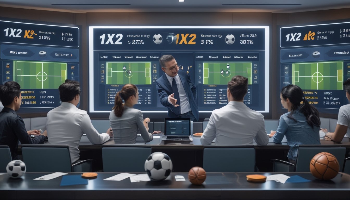 Sekelompok orang sedang melihat layar digital yang menampilkan statistik dan opsi taruhan sepak bola 1X2 dalam ruangan modern.