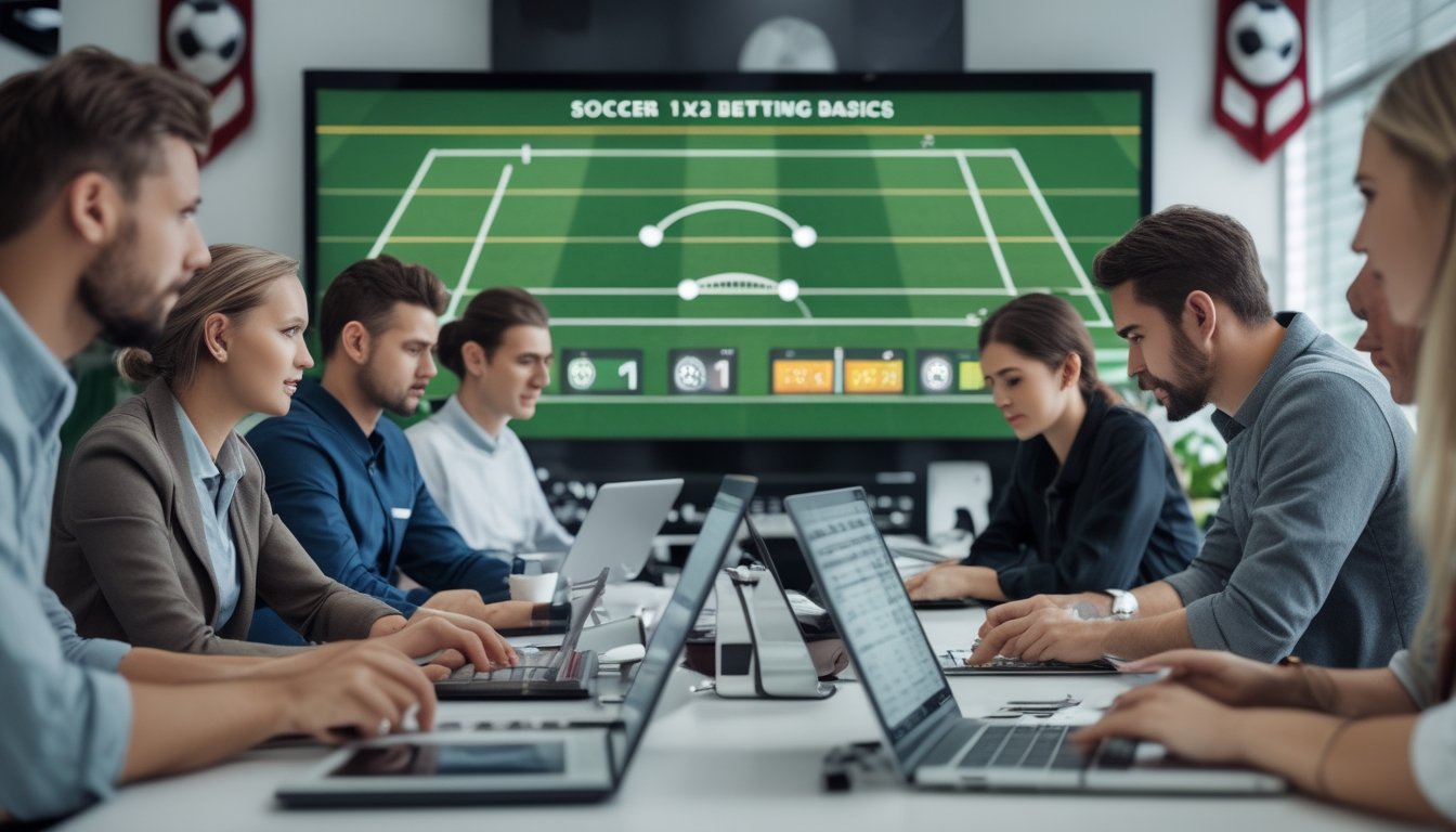 Beberapa orang sedang berdiskusi dan melihat data taruhan sepak bola 1X2 di perangkat digital di sebuah ruangan dengan layar besar yang menampilkan lapangan sepak bola dan pilihan taruhan.