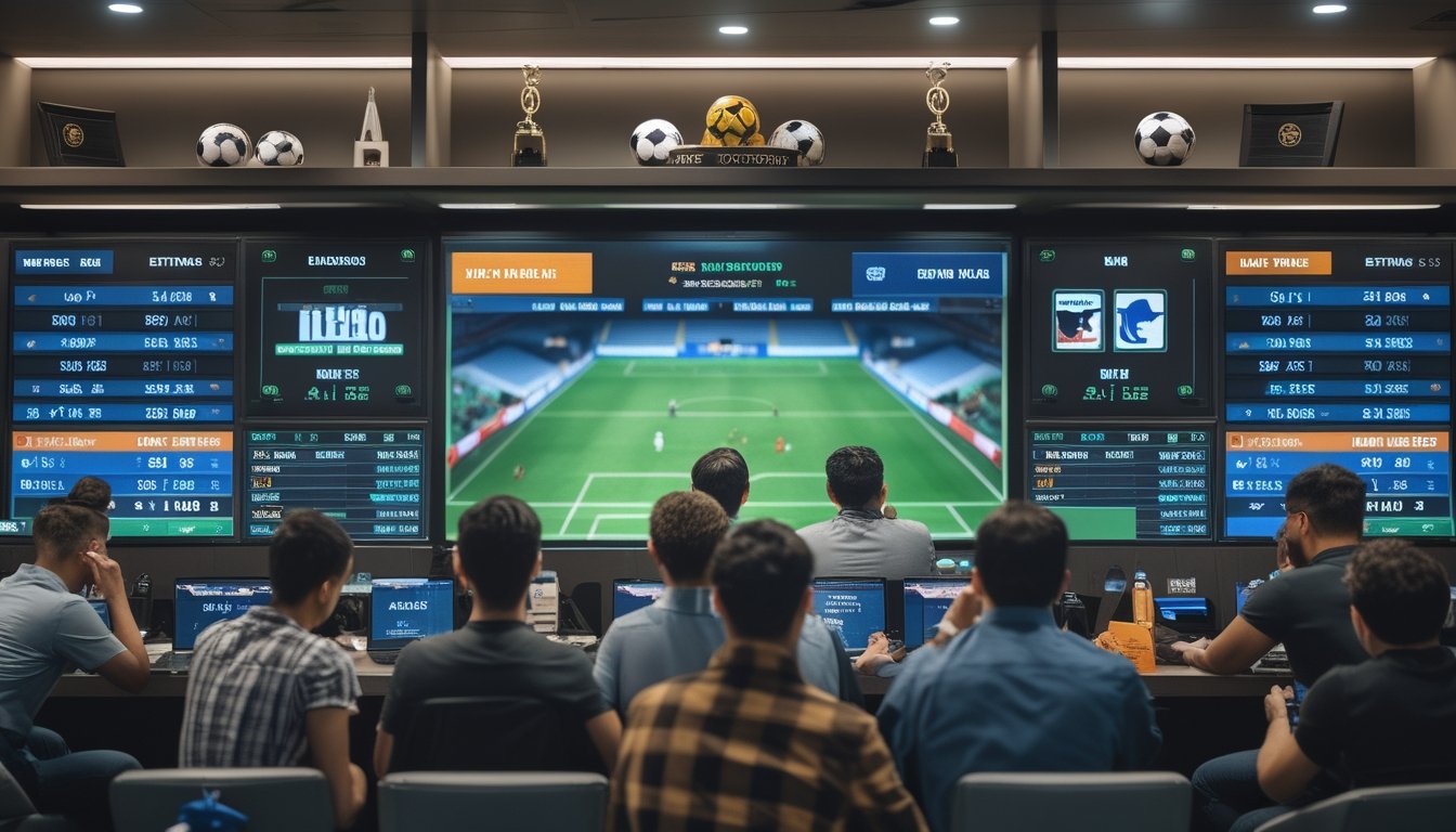 Orang-orang sedang menonton pertandingan sepak bola di layar besar sambil memantau peluang taruhan di ruang modern.