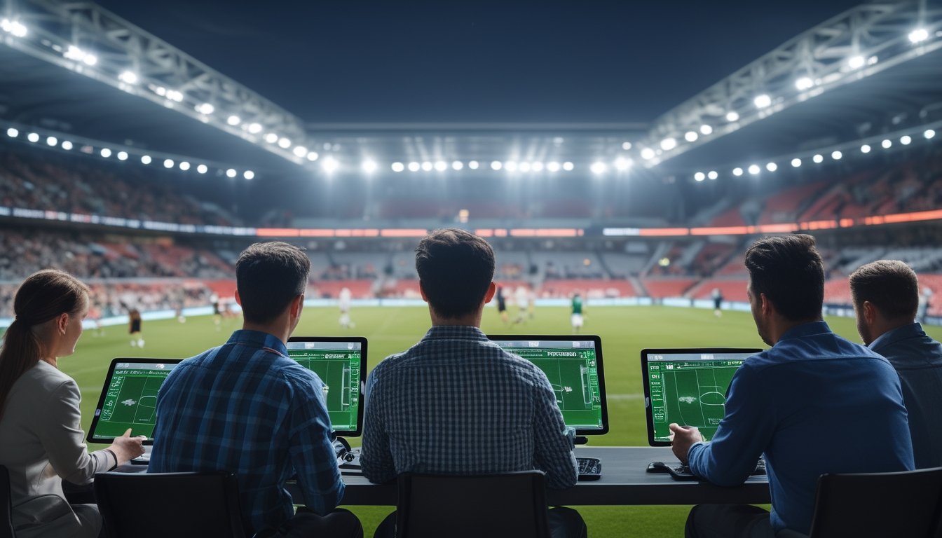 Suasana stadion sepak bola dengan penonton dan beberapa orang sedang melihat statistik pertandingan di perangkat digital.
