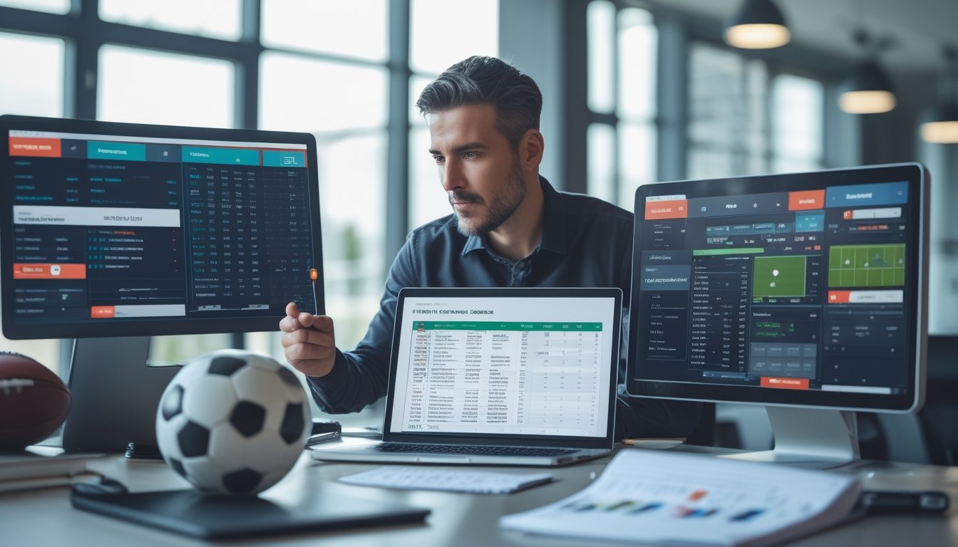 Seorang pria sedang menganalisis data pertandingan sepak bola di layar komputer di sebuah kantor modern.