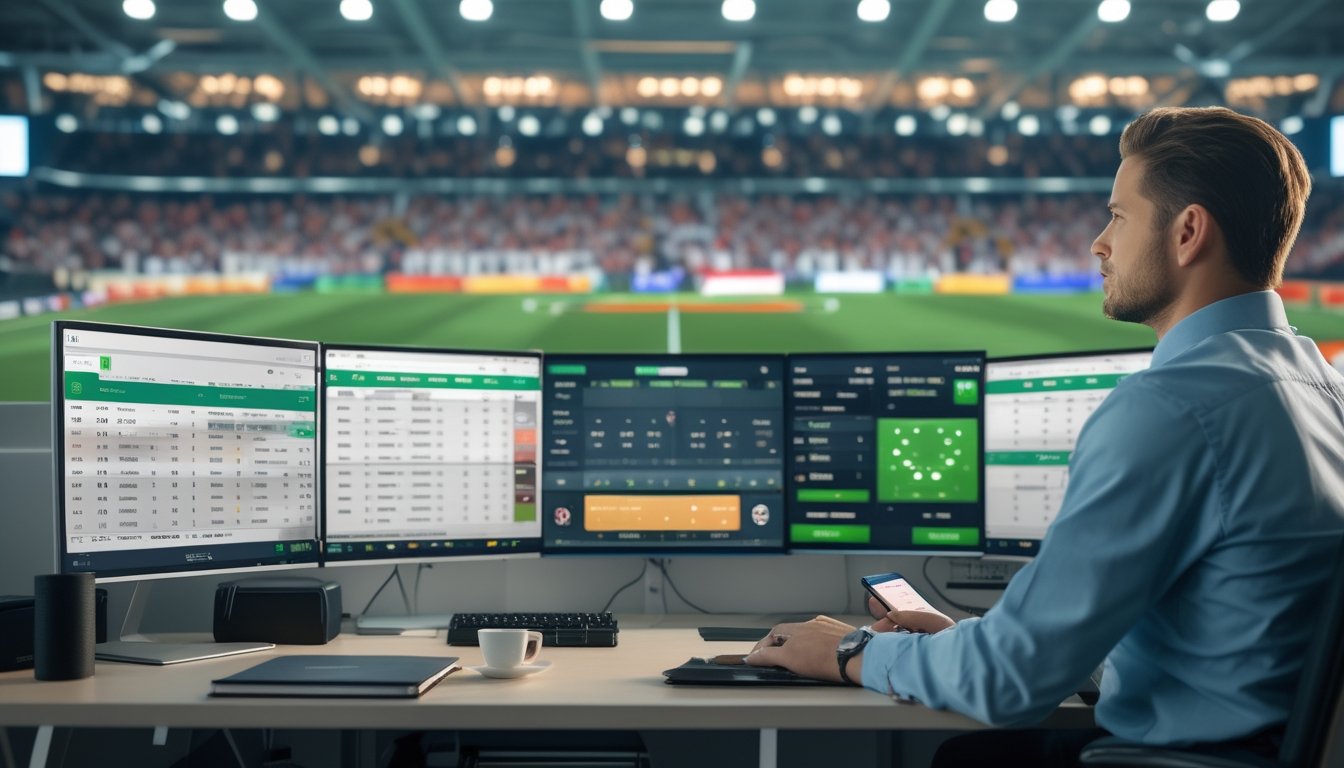Seorang pria duduk di meja kantor dengan beberapa layar komputer yang menampilkan statistik pertandingan sepak bola dan prediksi skor, di latar belakang stadion sepak bola yang ramai.