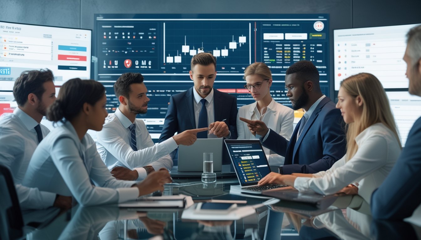Sekelompok profesional sedang berdiskusi dan menganalisis data taruhan sepak bola di ruang kantor modern dengan layar digital dan perangkat elektronik.