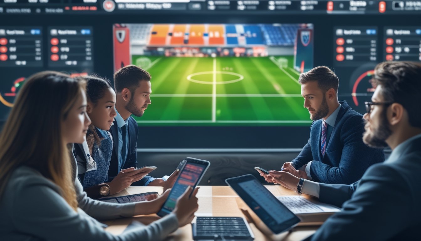 Orang-orang sedang menganalisis taruhan sepak bola di depan layar besar yang menampilkan pertandingan sepak bola.