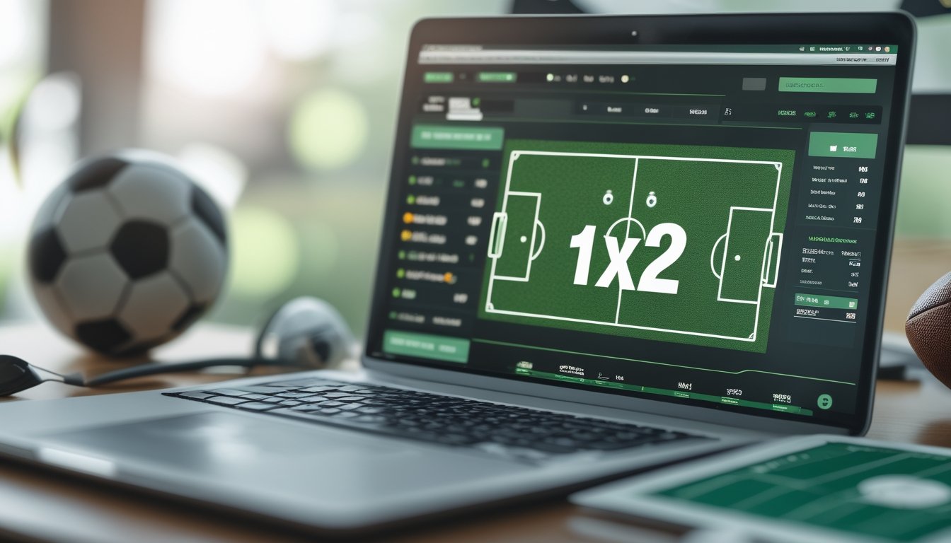 Gambar close-up layar komputer menampilkan antarmuka taruhan sepak bola 1X2 dengan bola sepak, peluit wasit, dan diagram taktik di meja.