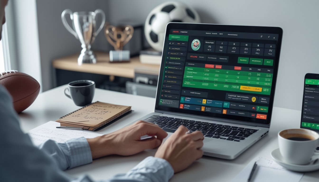 Seorang pria muda sedang serius menganalisis statistik pertandingan sepak bola di depan laptop di ruang kerja rumah yang rapi.