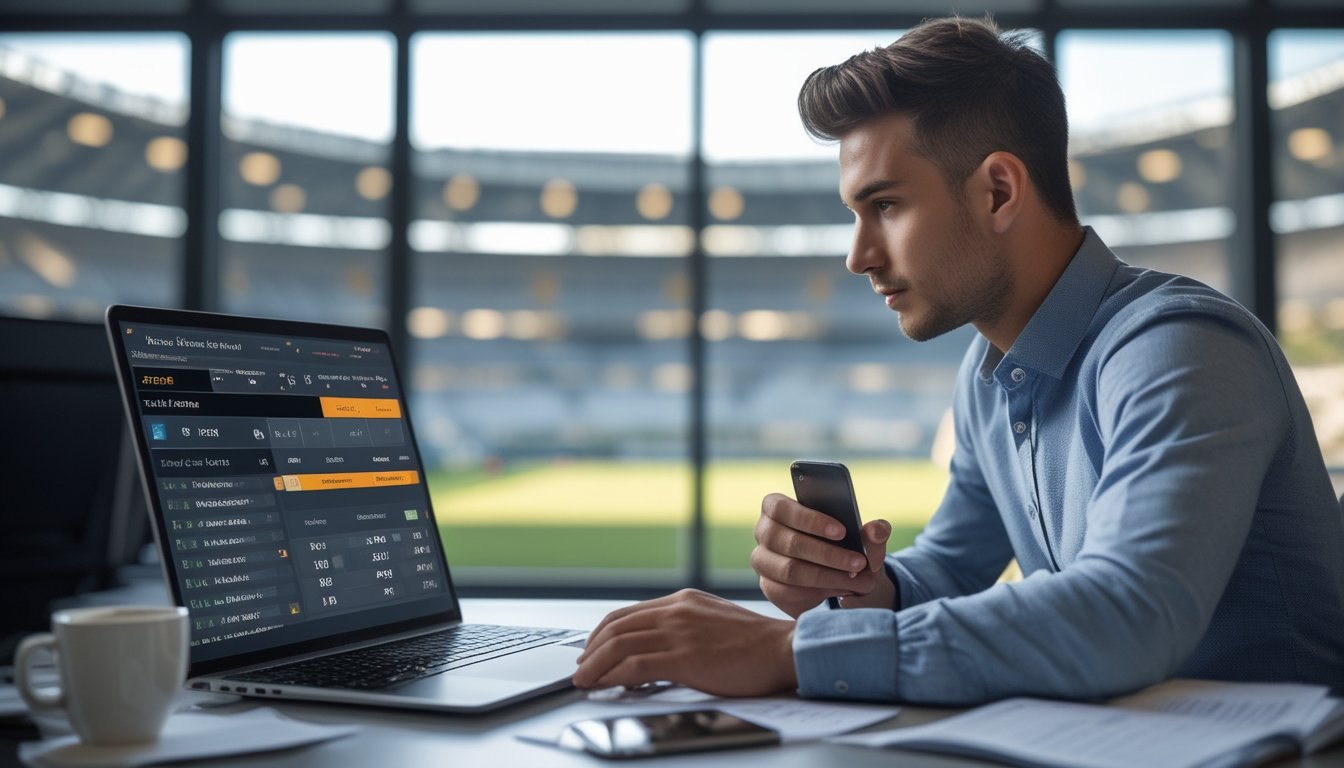 Seorang bettor fokus menggunakan laptop dengan tampilan pasar taruhan sepak bola 1X2 di kantor modern.