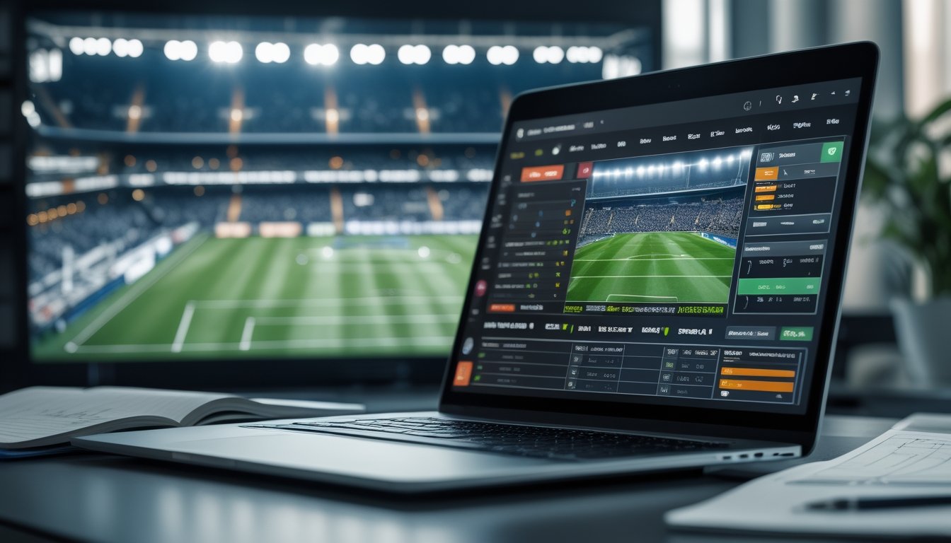 Seorang bettor profesional sedang menganalisis data taruhan sepak bola 1X2 di depan laptop dengan latar belakang stadion sepak bola yang ramai.