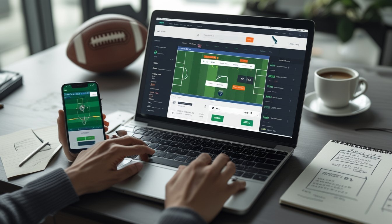 Sebuah meja kerja dengan laptop dan ponsel yang menampilkan situs taruhan sepak bola, bola sepak di atas meja, dan catatan strategi taruhan.