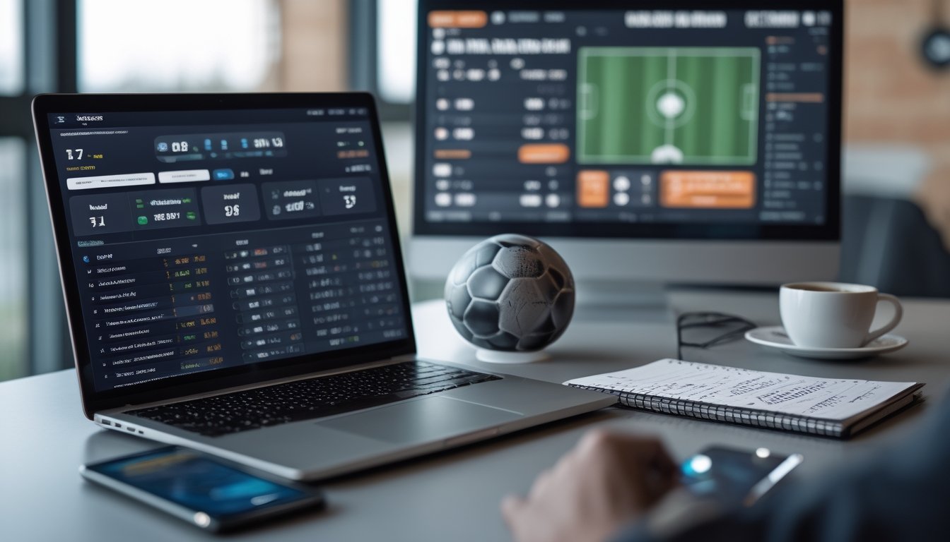 Seorang pria duduk di depan laptop yang menampilkan statistik pertandingan sepak bola dan peluang taruhan, dengan ponsel menunjukkan pertandingan sepak bola langsung dan alat tulis di meja.