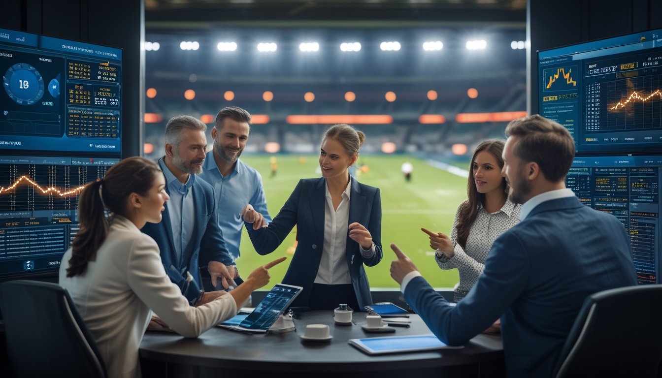 Beberapa orang dewasa sedang melihat layar digital dengan statistik pertandingan sepak bola dan berdiskusi di sebuah ruangan dengan latar stadion sepak bola yang sedang berlangsung.