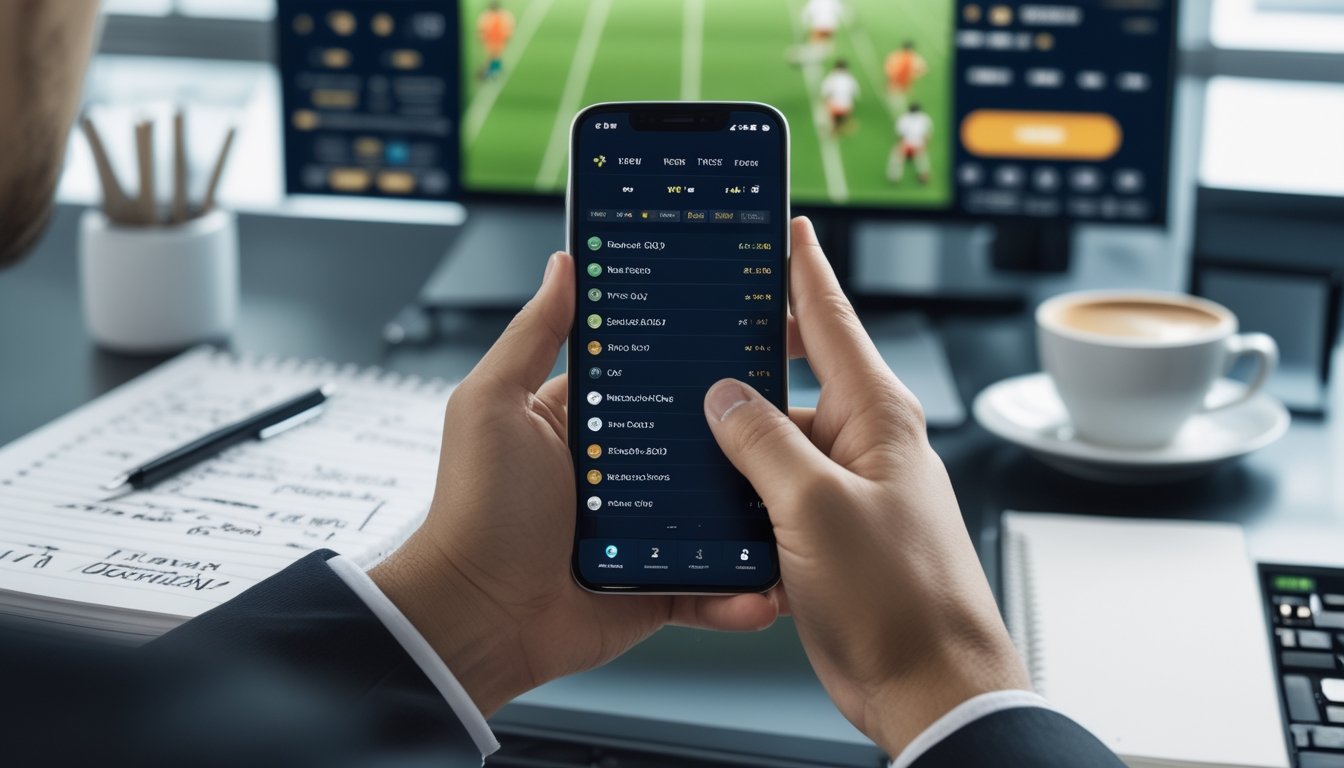 Seseorang memegang ponsel dengan aplikasi taruhan olahraga, latar belakang menampilkan pertandingan sepak bola yang sedang berlangsung.