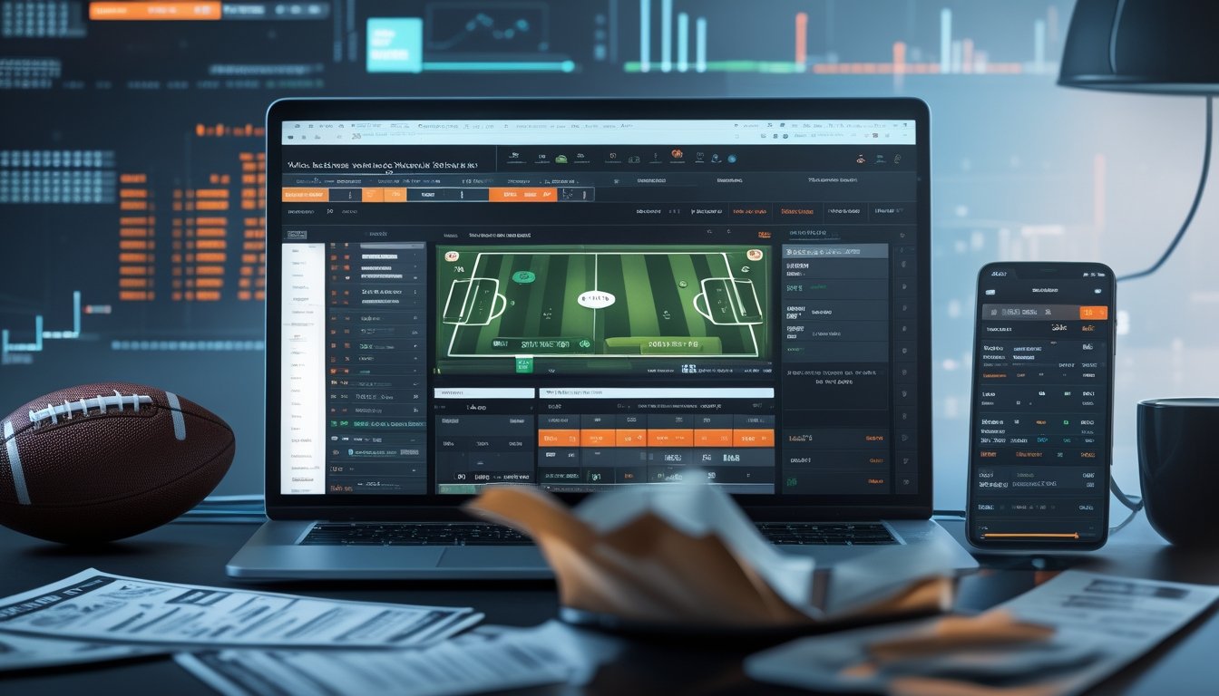 Seorang penggemar judi online sedang menggunakan laptop dengan tampilan pertandingan sepak bola dan peluang taruhan, dikelilingi bola sepak, slip taruhan, dan ponsel di meja kerja.