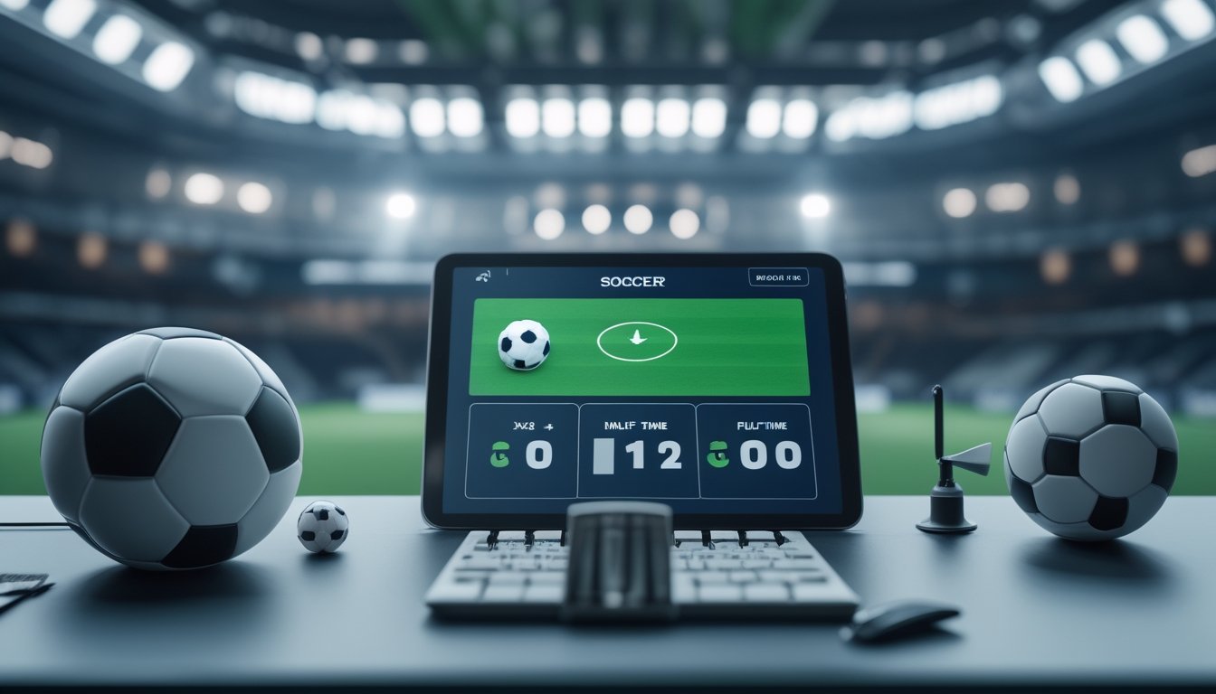 Seorang penggemar judi online menggunakan tablet untuk melihat opsi taruhan sepak bola dengan bola dan stadion di latar belakang.