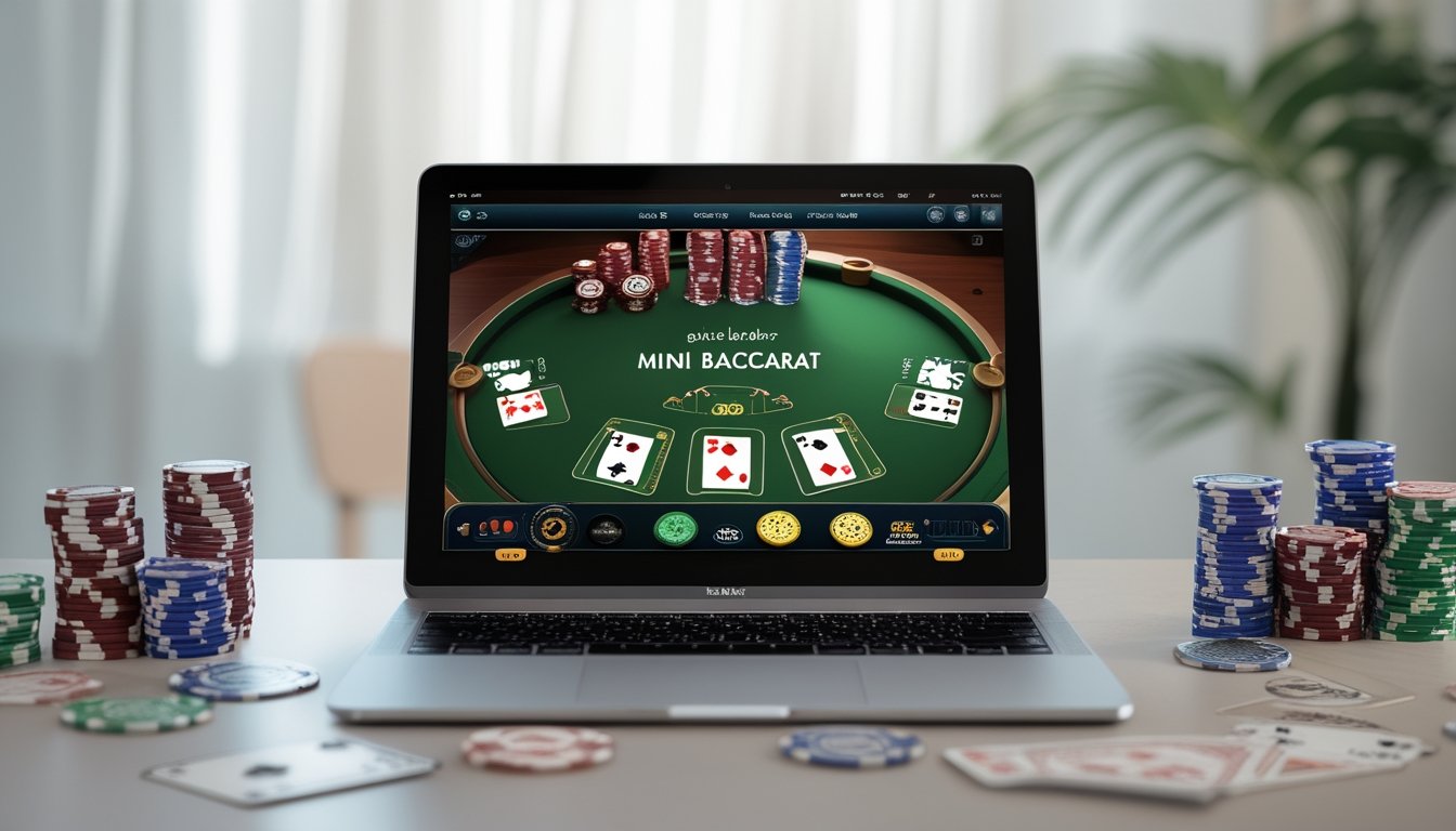Sebuah laptop menampilkan permainan mini baccarat online dengan kartu dan chip di meja yang rapi.