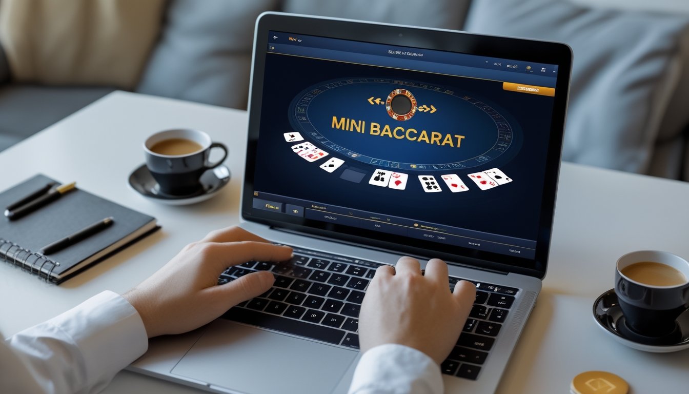 Seorang pemain menggunakan laptop dengan tampilan permainan Mini Baccarat online yang jelas dan mudah dipahami, di meja dengan suasana nyaman di rumah.