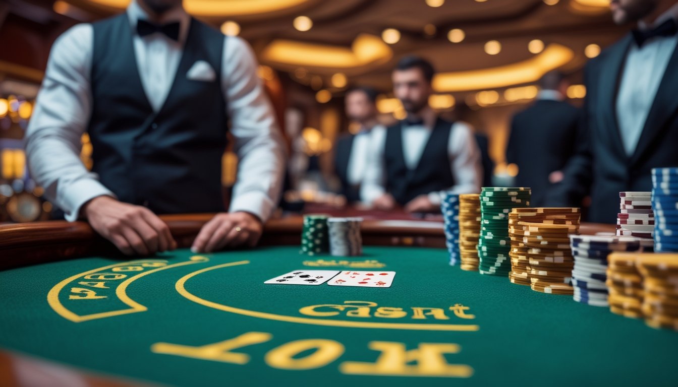 Meja baccarat di kasino dengan kartu dan chip poker, pemain dan dealer berdiri di latar belakang.