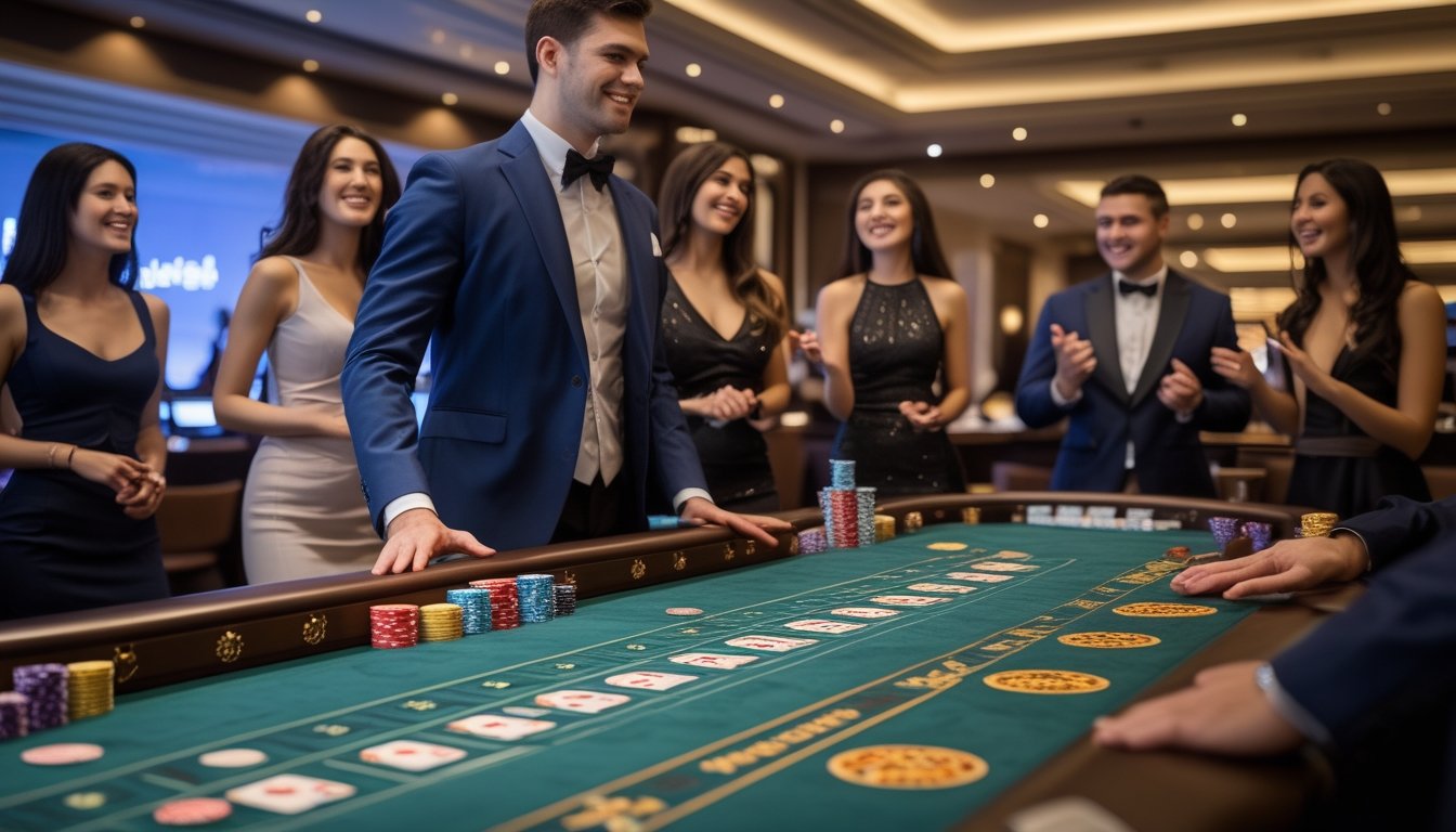 Seorang dealer di meja Baccarat yang elegan dengan pemain yang antusias di kasino mewah.