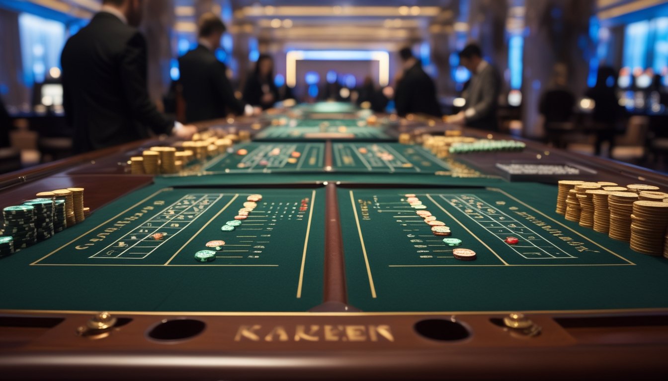 Meja kasino dengan dua pengaturan permainan baccarat yang berbeda, menampilkan kartu dan chip di atas meja hijau dengan suasana kasino yang mewah.