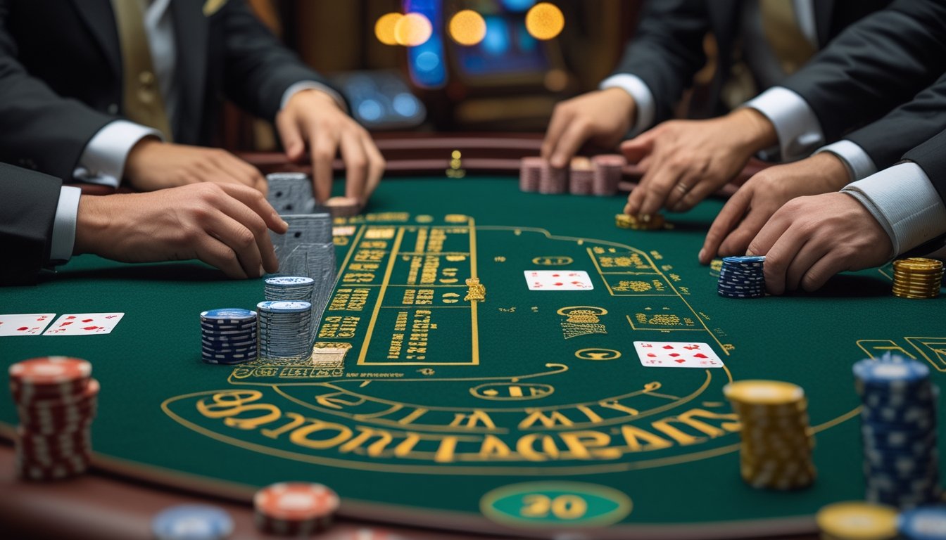 Meja kasino dengan kartu dan chip taruhan baccarat, tangan pemain dan dealer sedang bermain.