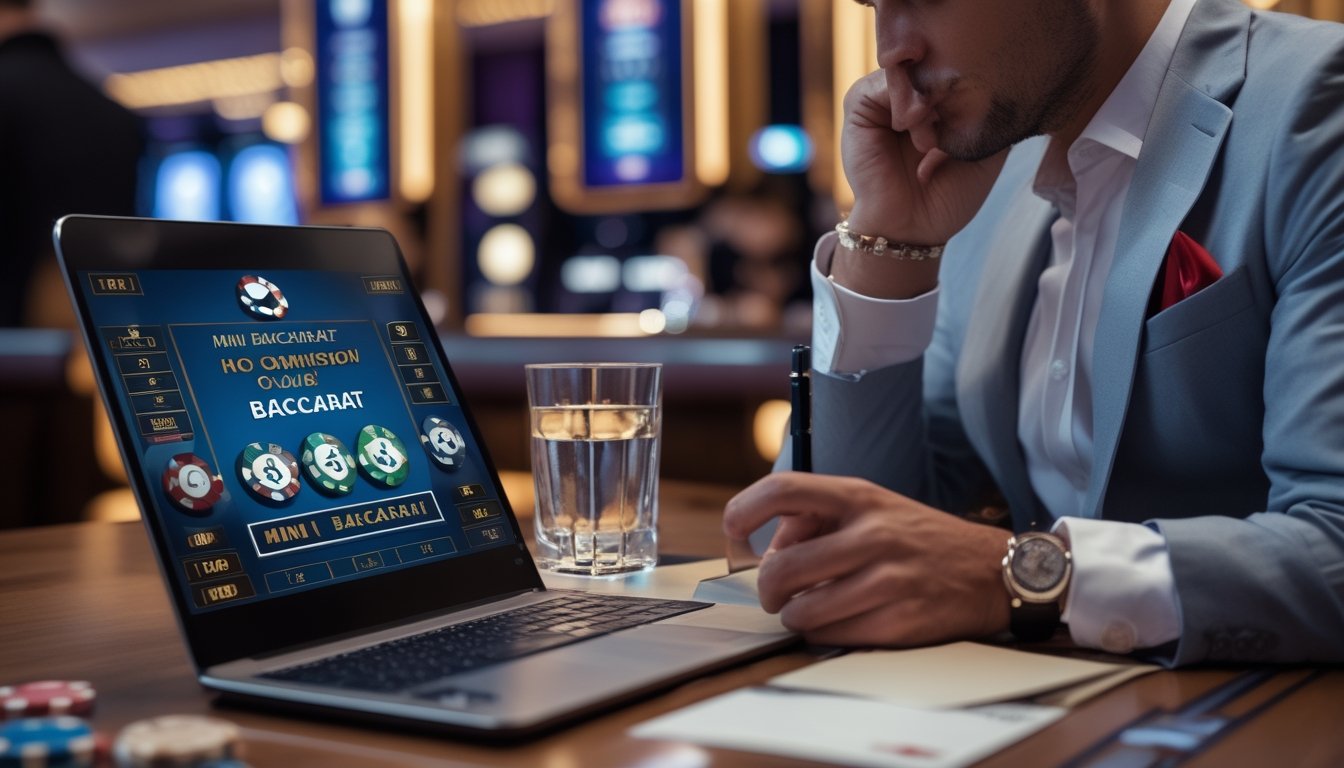 Seorang pria berpakaian rapi sedang menganalisis permainan baccarat online di depan laptop di meja dengan kartu dan chip kasino.