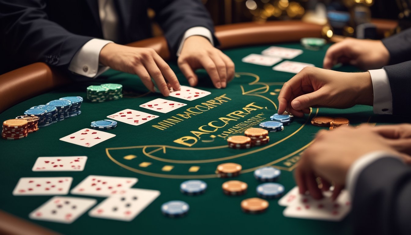 Meja kasino dengan kartu dan chip baccarat, tangan dealer dan pemain sedang bermain.