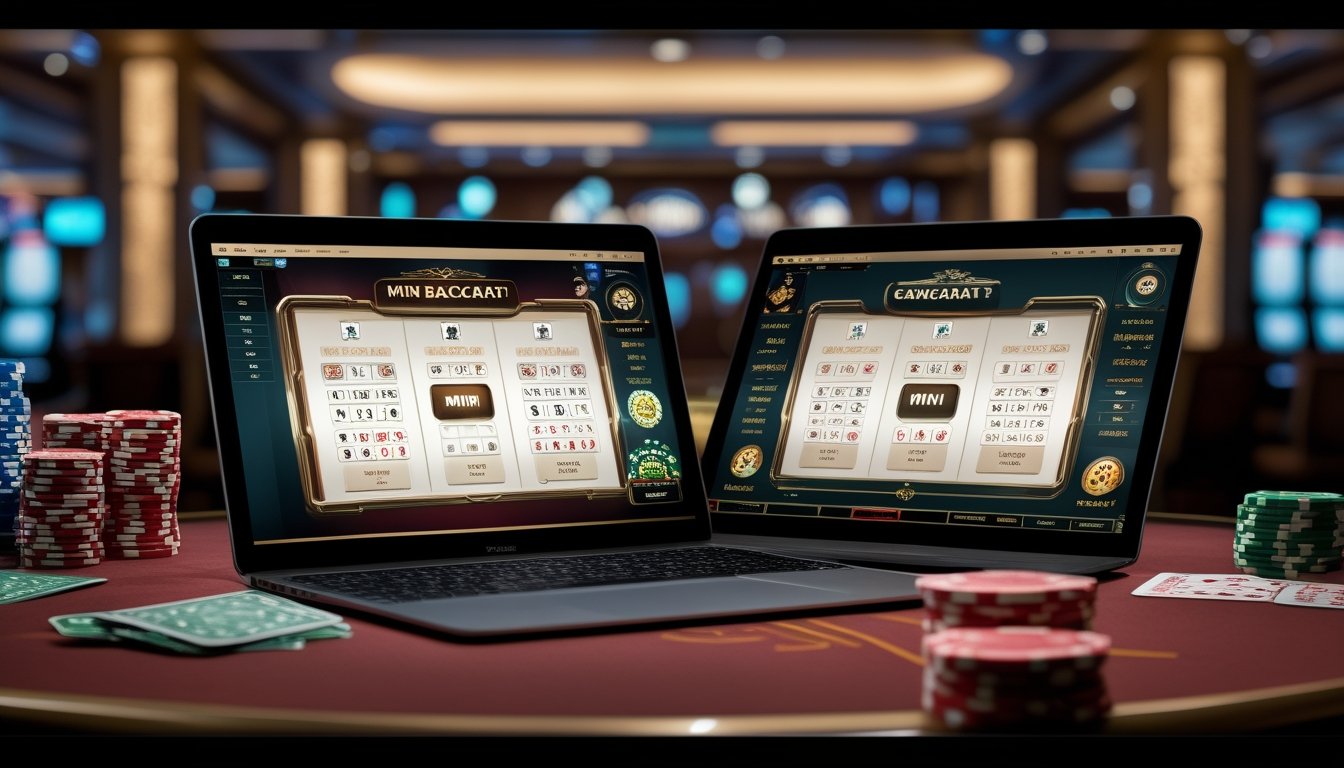 Layar komputer menampilkan dua permainan baccarat online berdampingan dengan latar belakang suasana kasino.