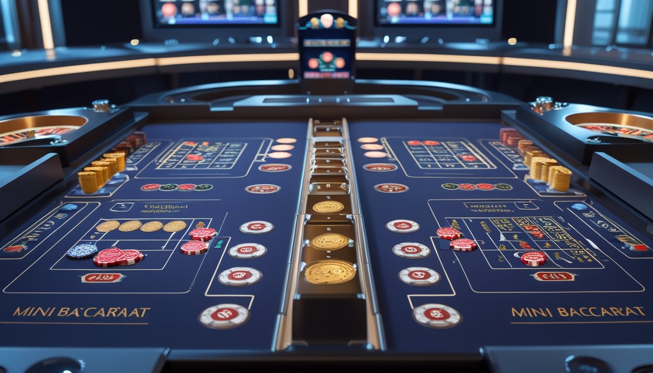 Meja kasino modern yang menampilkan perbandingan antara Mini Baccarat dan Baccarat konvensional dengan kartu dan chip di kedua sisi meja.