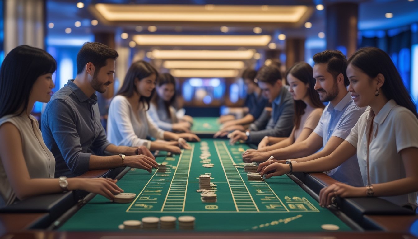 Meja baccarat di kasino dengan beberapa orang bermain dan tumpukan chip kecil di atas meja.