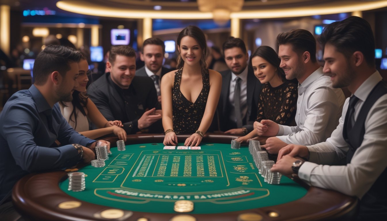 Meja permainan Baccarat No Commission dengan pemain yang sedang bermain di kasino yang mewah.