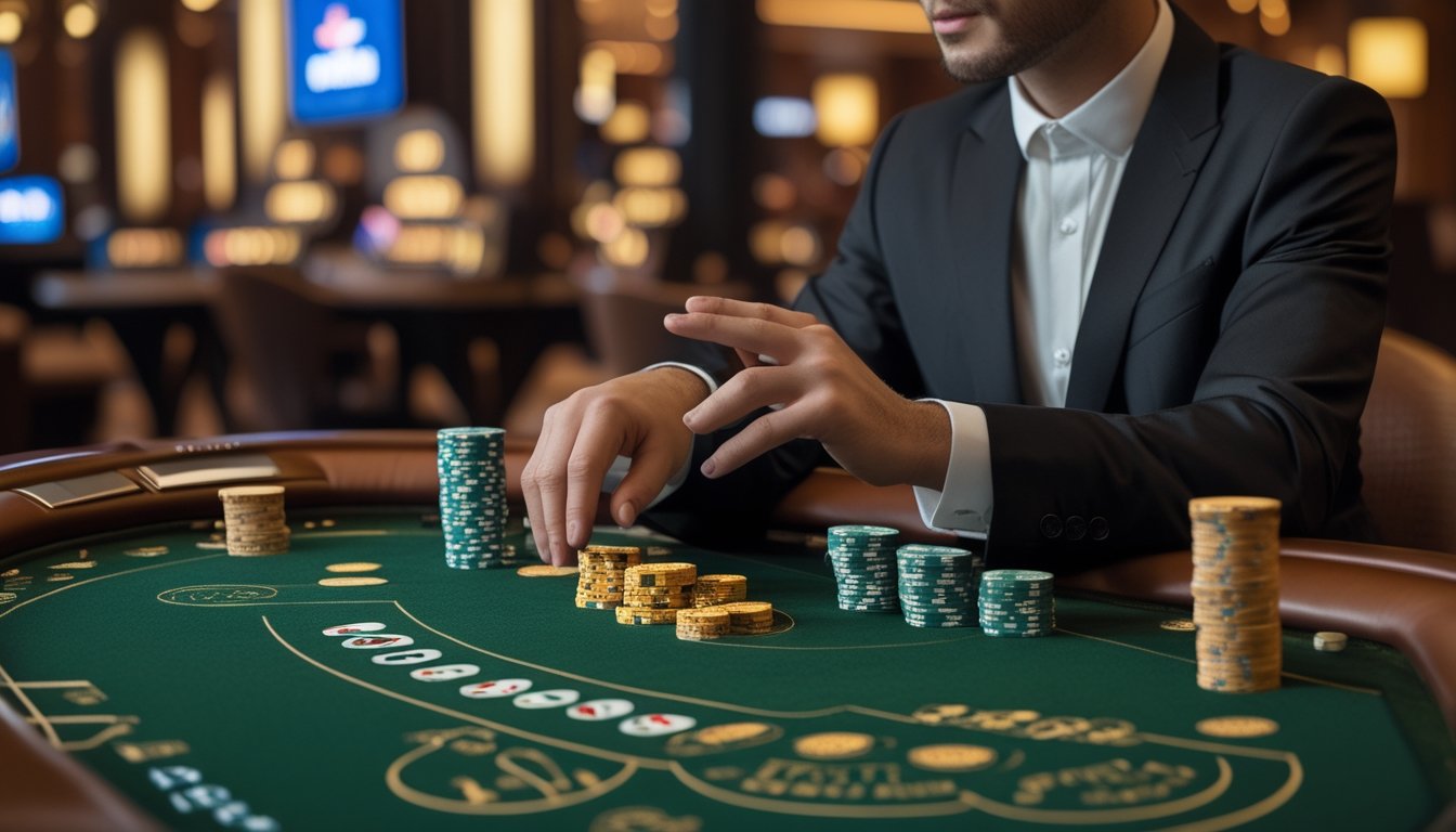 Seorang pemain duduk di meja kasino bermain mini baccarat dengan kartu dan chip di atas meja.