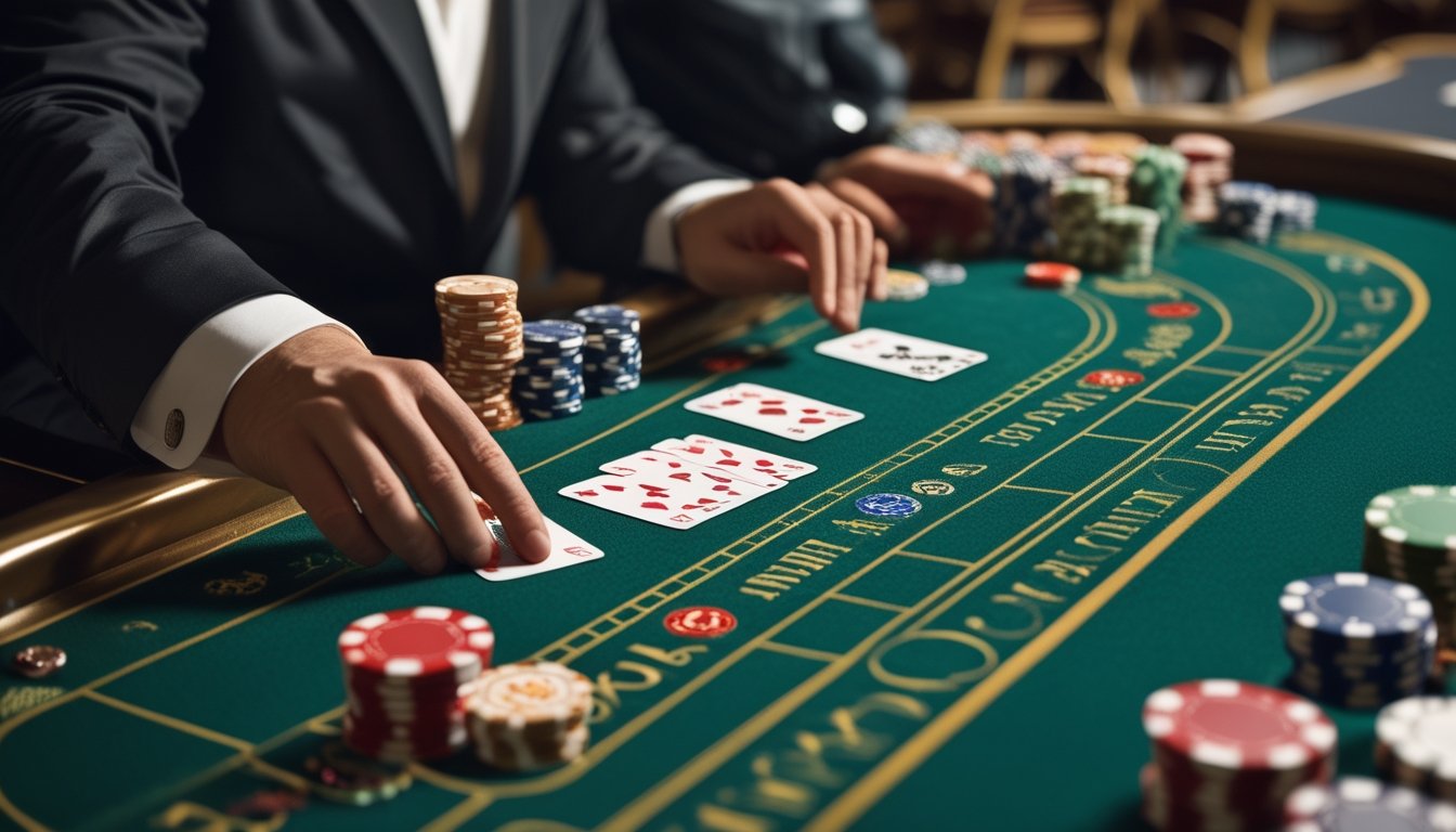 Pemandangan dekat permainan Mini Baccarat di meja kasino dengan kartu dan chip taruhan yang tertata rapi.