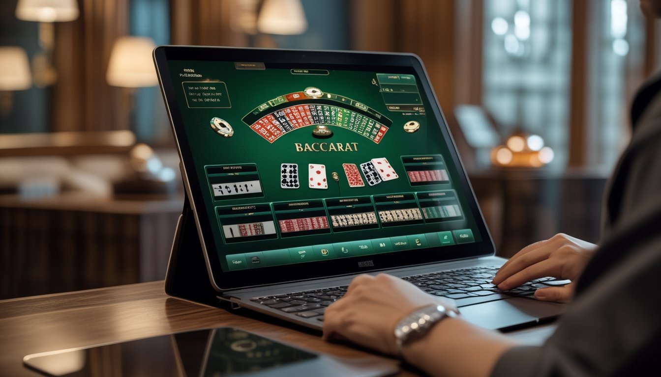 Seseorang menggunakan laptop untuk bermain baccarat online dengan tampilan kartu dan chip di layar, di ruangan yang rapi dan terang.