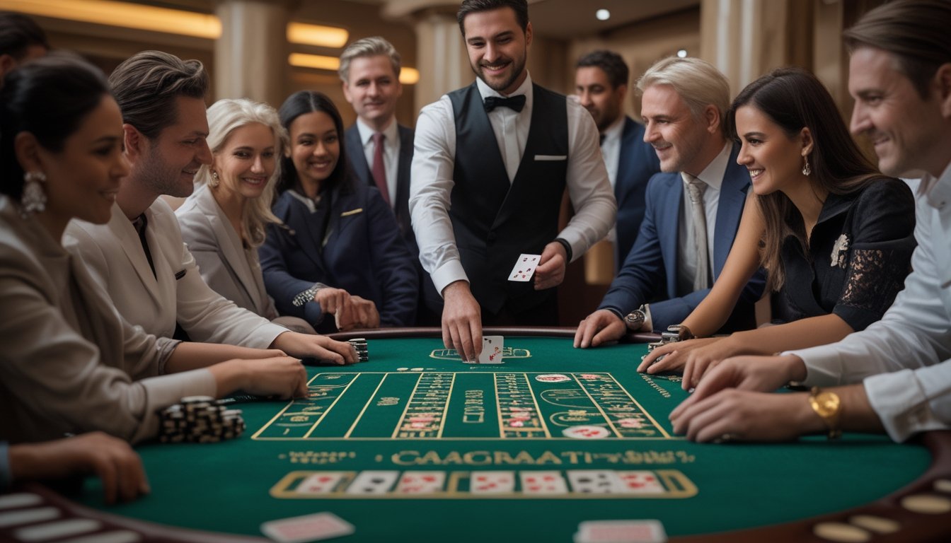 Suasana meja baccarat di kasino dengan dealer dan pemain yang sedang bermain kartu dengan serius dan percaya diri.